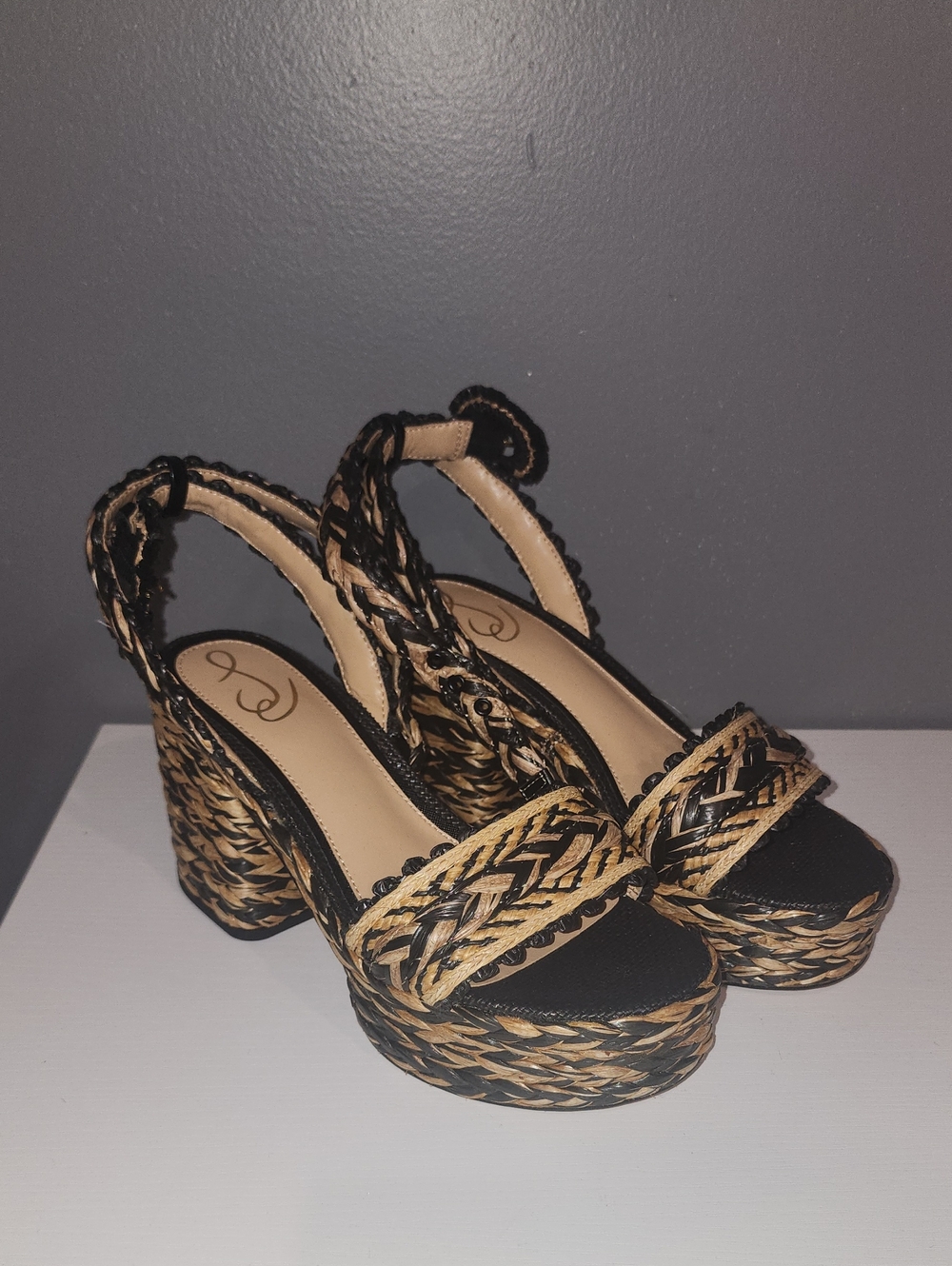 Jessica Simpson Black & Tan Braided Platform Slingbacks